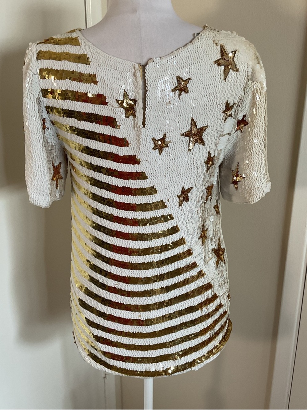Modi 100% Silk White Blouse Gold Sequin Stars & Stripes Top Small Lined - Picture 6 of 8